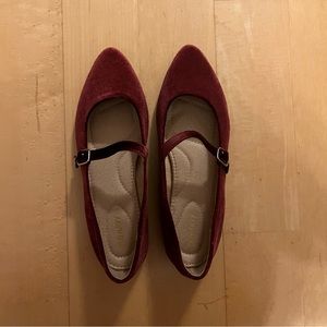 burgundy mary jane ballet-style flats with adjustable strap